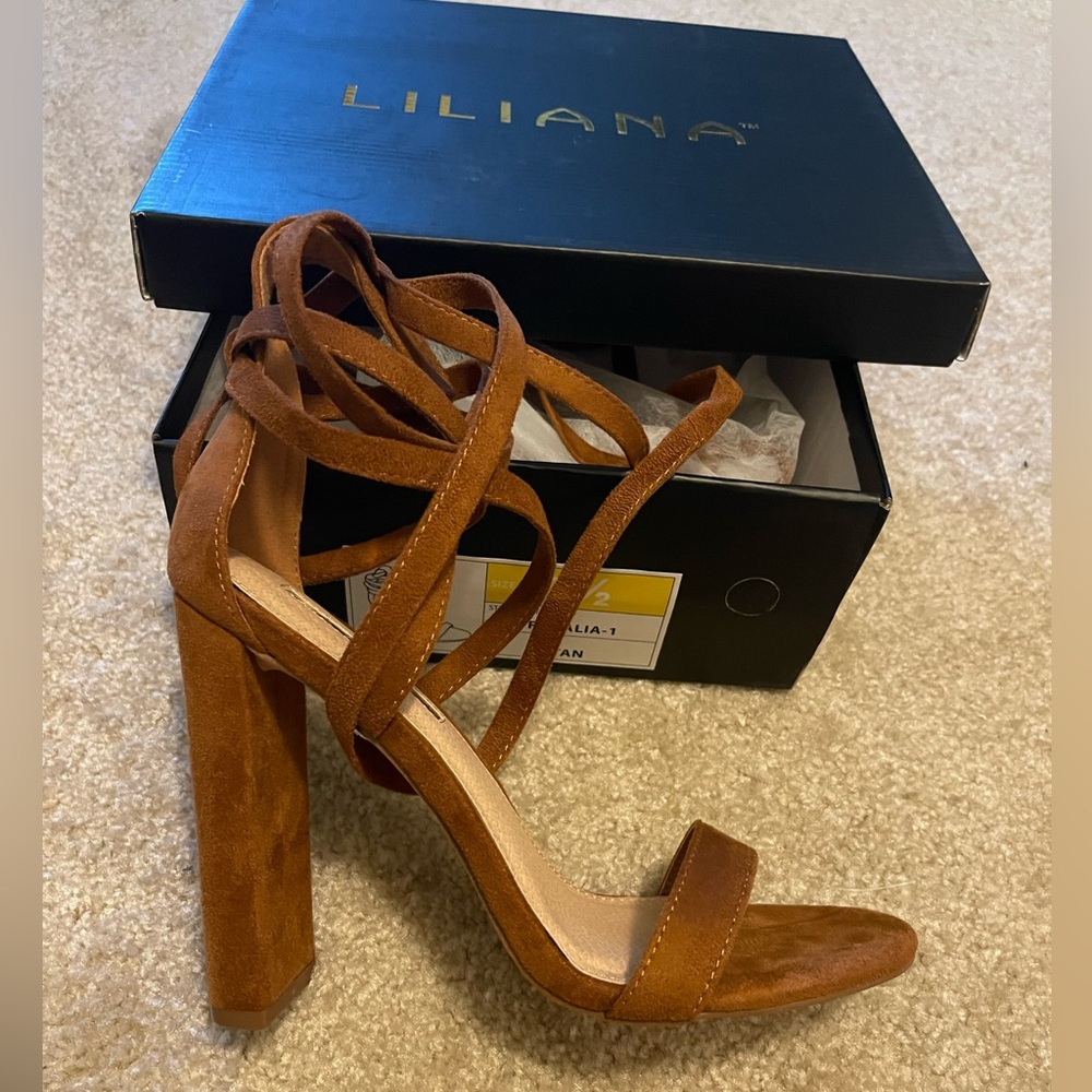 NEW with box, tan wrap up heels